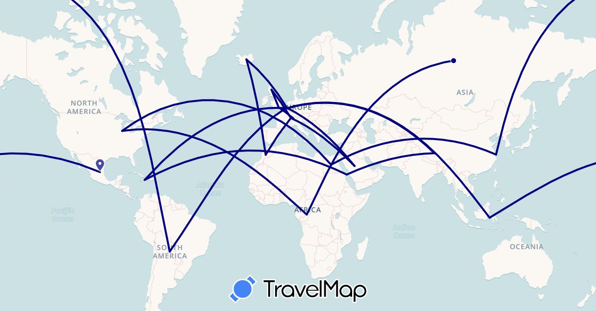 TravelMap itinerary: driving in Belgium, Republic of the Congo, Switzerland, China, Egypt, United Kingdom, Haiti, Indonesia, Iceland, Morocco, Mexico, Russia, Saudi Arabia, United States (Africa, Asia, Europe, North America)